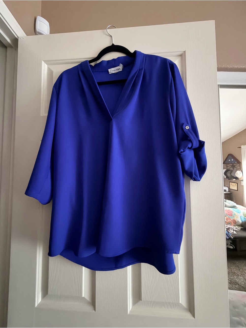 Calvin Klein Cobalt V-Neck Roll-Sleeve Blouse